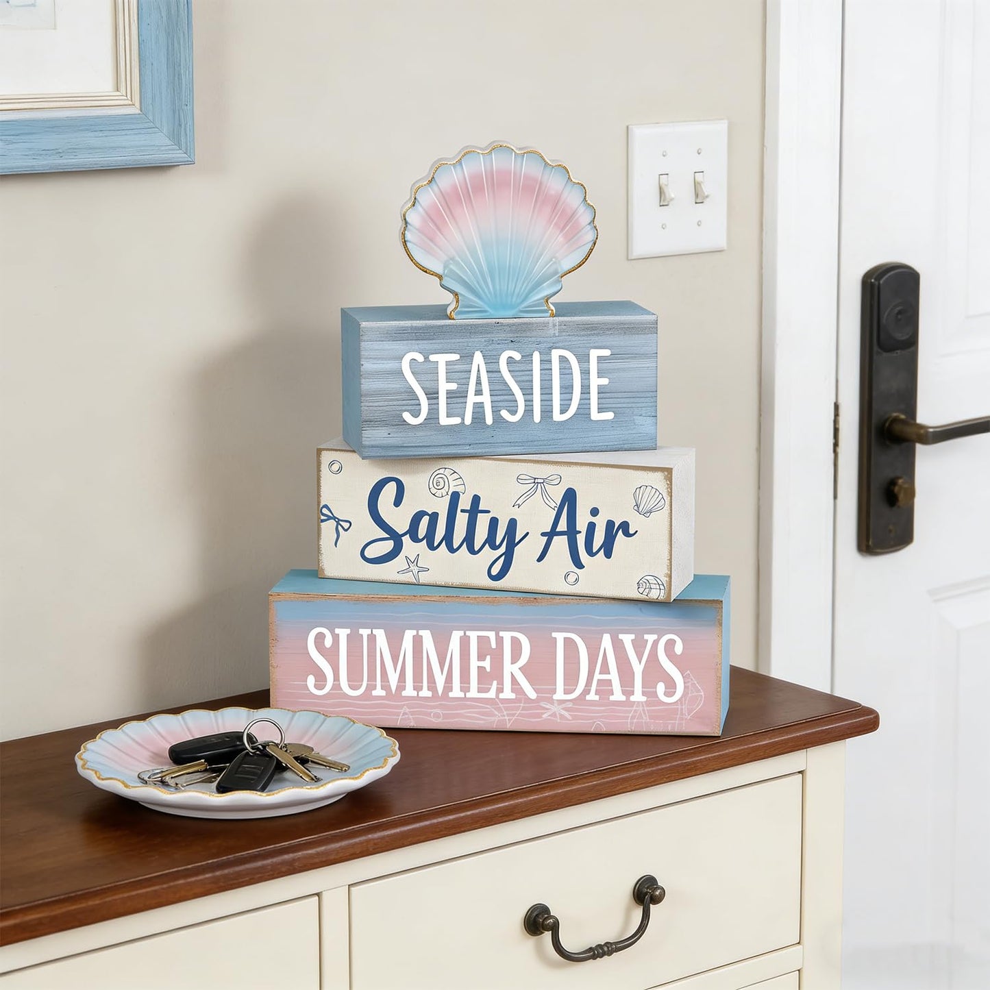 4 Pcs Seaside Beach Tiered Tray Decor Rustic Wooden Nautical Centerpiece with Salty Air Summer Days Sign Farmhouse Coastal Room Decor Summer Tiered Tray Decor