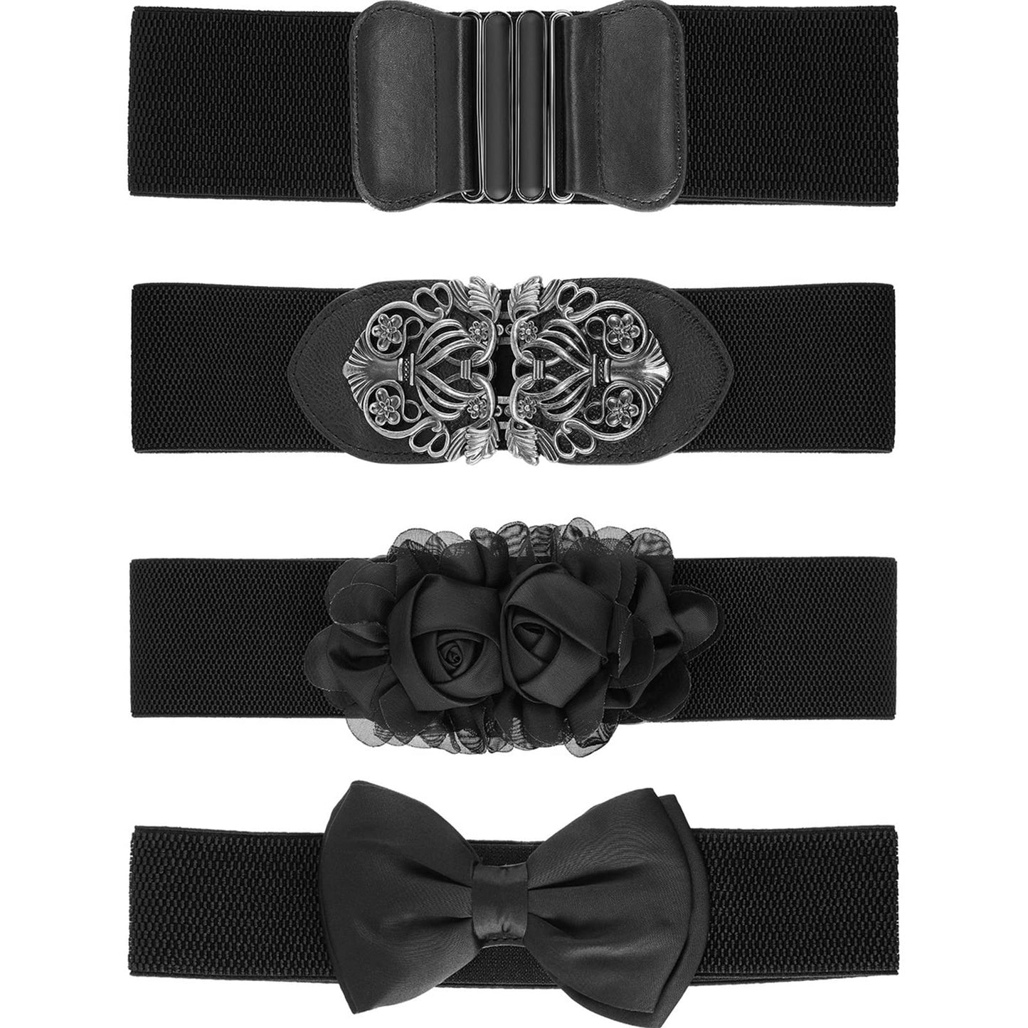 Chuangdi 4 Pieces Women Vintage Wide Waist Belt Black Belt for Dress Elastic Stretch Retro Waistband for Jeans Pants(Rustic Style)