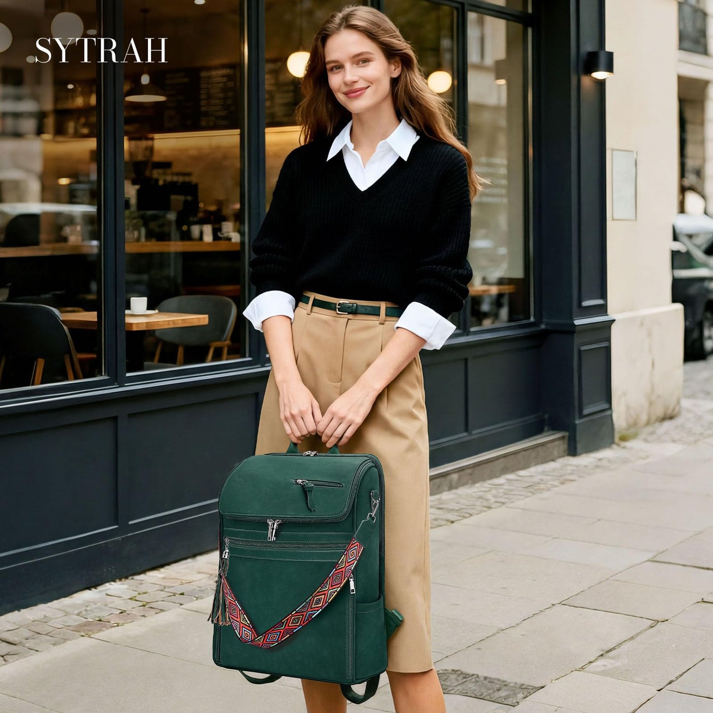 SYTRAH Leather Laptop Backpack for Women Designer Laptop Bag, 16.5 inch Travel Computer Backpacks Purse with Tassel for Work Business with Satchel Purse Green