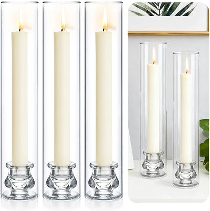 3 Set Hurricane Glass Candlestick Holders 12.6" Two Side Open Glass Candle Holders and 2.2" Taper Candlesticks Holder Bulk for Table Centerpiece Wedding Christmas Home Decor