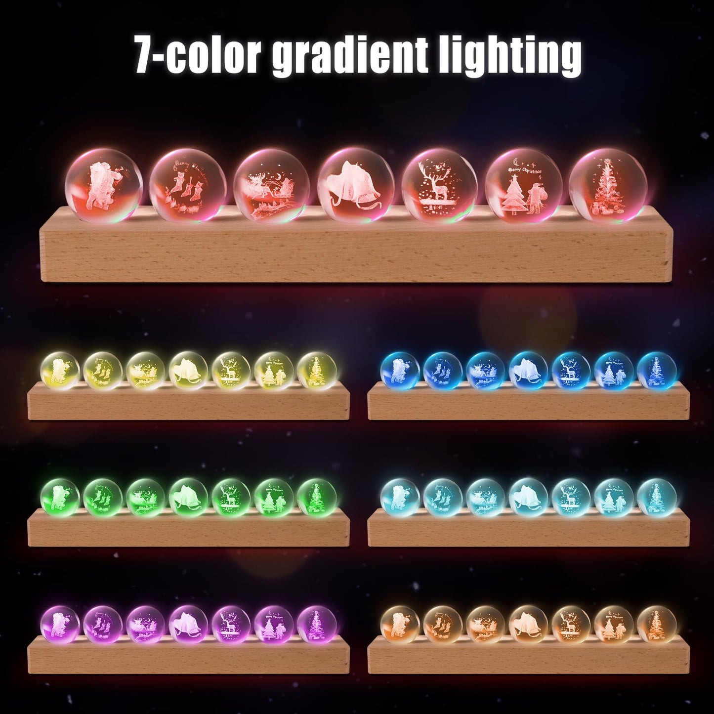 JOJOCY Christmas Glass Crystal Ball Light with Wooden Base, USB-Powered Colorful LED Night Lamp with 7 Christmas Tree Santa Claus and Elk Patterns for New Year's Gift
