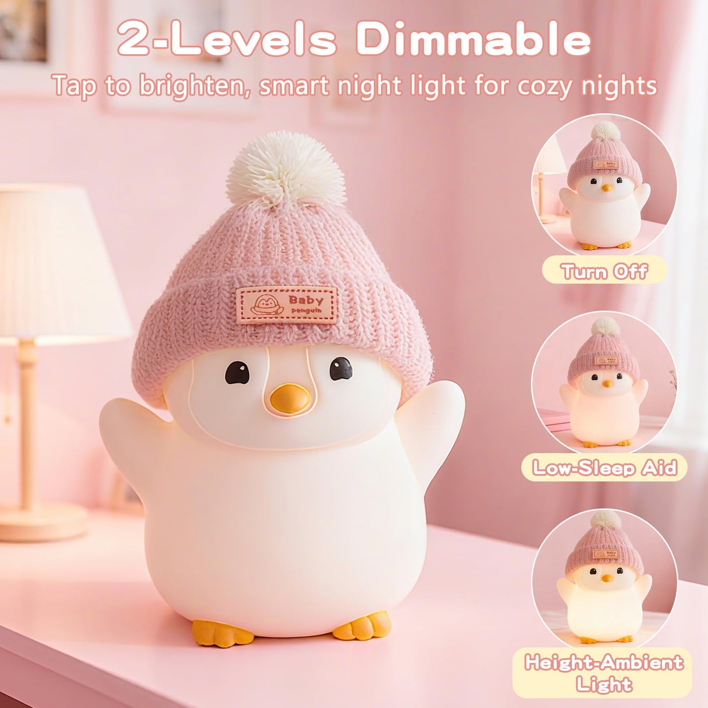 FAMIDUO Pink Penguin Night Light with Knit Hat - Squishy Silicone Rechargeable LED Bedside Lamp, Dimmable Timer for Baby Nursery, Cute Animal Nightlight, Adorable Penguin Gift for Boys Girls Toddlers