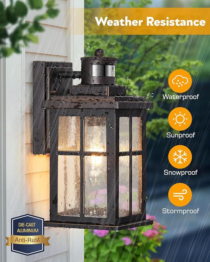 VIANIS Farmhouse Motion Sensor Outdoor Porch Lights for House, Oil Rubbed Bronze Gold Trim Dusk to Dawn Exterior Lighting Fixtures Wall Mount for Garage, Anti-Rust Outside Wall Sconces for Patio