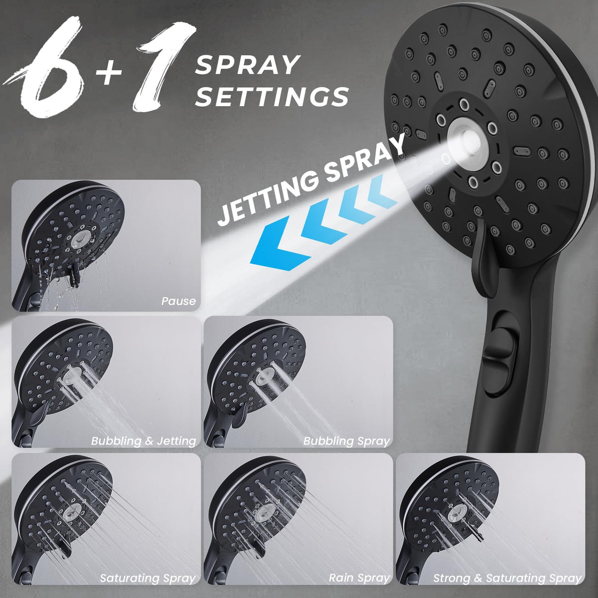 Ryamen Dual Shower Head Combo, 8'' High Pressure Rain Shower Head with Handheld Spray, 6+1 Spray Settings Handheld Showerhead, Height Adjustable, One-touch Pause Button, Matte Black