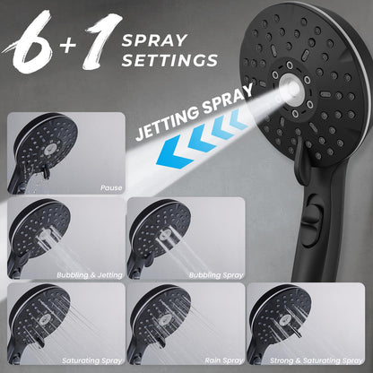 Ryamen Dual Shower Head Combo, 8'' High Pressure Rain Shower Head with Handheld Spray, 6+1 Spray Settings Handheld Showerhead, Height Adjustable, One-touch Pause Button, Matte Black
