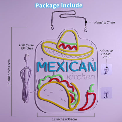 Mexican Taco Neon Sign - LED Restaurant Decor for Mexican Kitchen, Taco Party Decorations, 16.5x12" USB Wall Light - Mexican Food Gifts for Restaurants & Homes