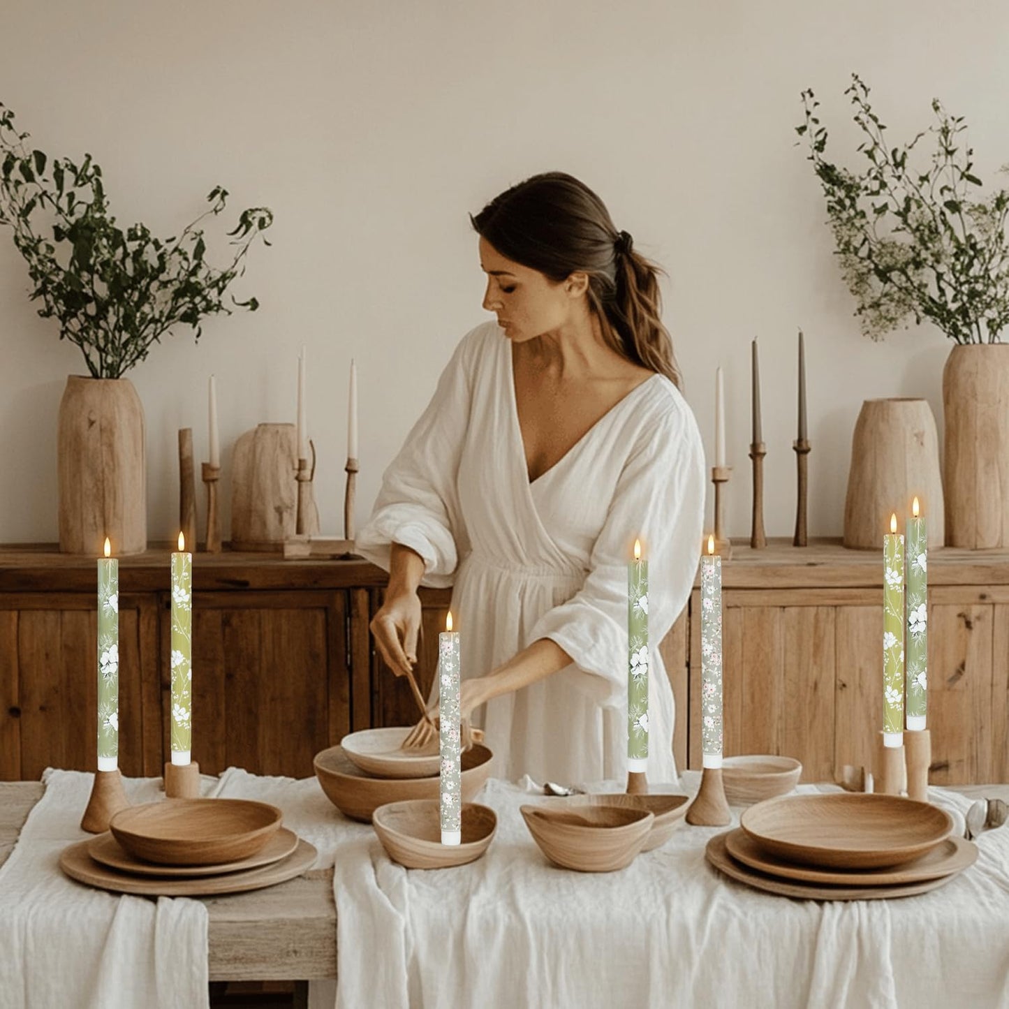 MAITREYA Green Flameless Taper Candles with 11-Key Remote Timer,LED Tall Candlesticks Battery Operated 3D Flickering Flame Lights for Christmas Decorations Home Table Centerpiece,10.6 Inch，6 Pcs