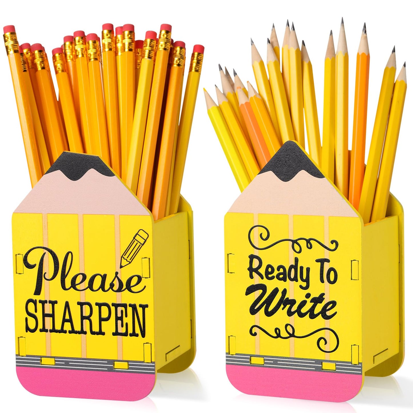 DoubleFill 2 Pcs Pencil Shaped Holder Sharp Dull Holder Wooden Dispenser Pencil Storage for Back to School Teachers Classroom Organization(Classic,Yellow)