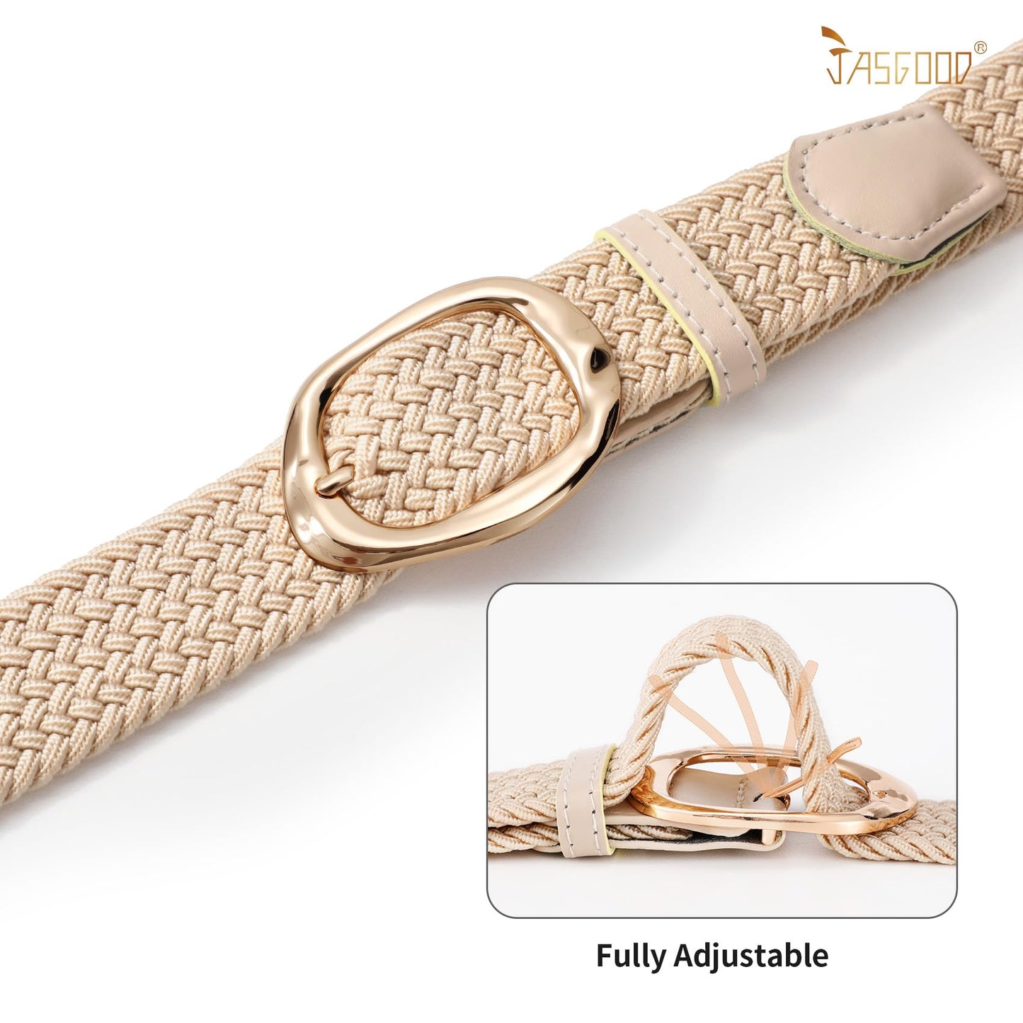 JASGOOD Braided Elastic Belt for Women Stretchy Woven Golf Belt Casual Web Belt for Jeans Pants with Gold Buckle, Beige, Fit Waist Size 37inch-41inch