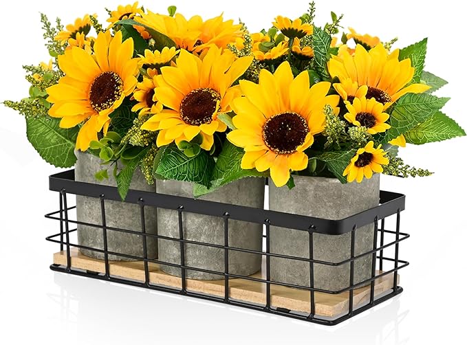 Sunflower Artificial Flowers, Fake Sunflower Table Centerpiece Decor, Artificial Fall Flowers Arrangement Farmhouse Decoration for Home Bathroom Kitchen