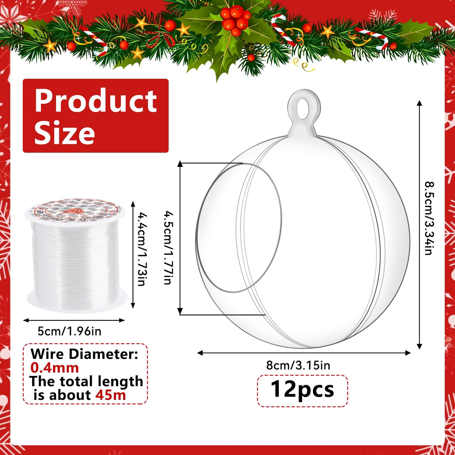 12 Pcs Hanging Globe Tealight Holders Acrylic Fillable Ball Ornaments Clear Plastic Terrarium Globe Hanging Tea Lights Candle Holder with Fishing Line for Christmas Party Wedding Centerpiece