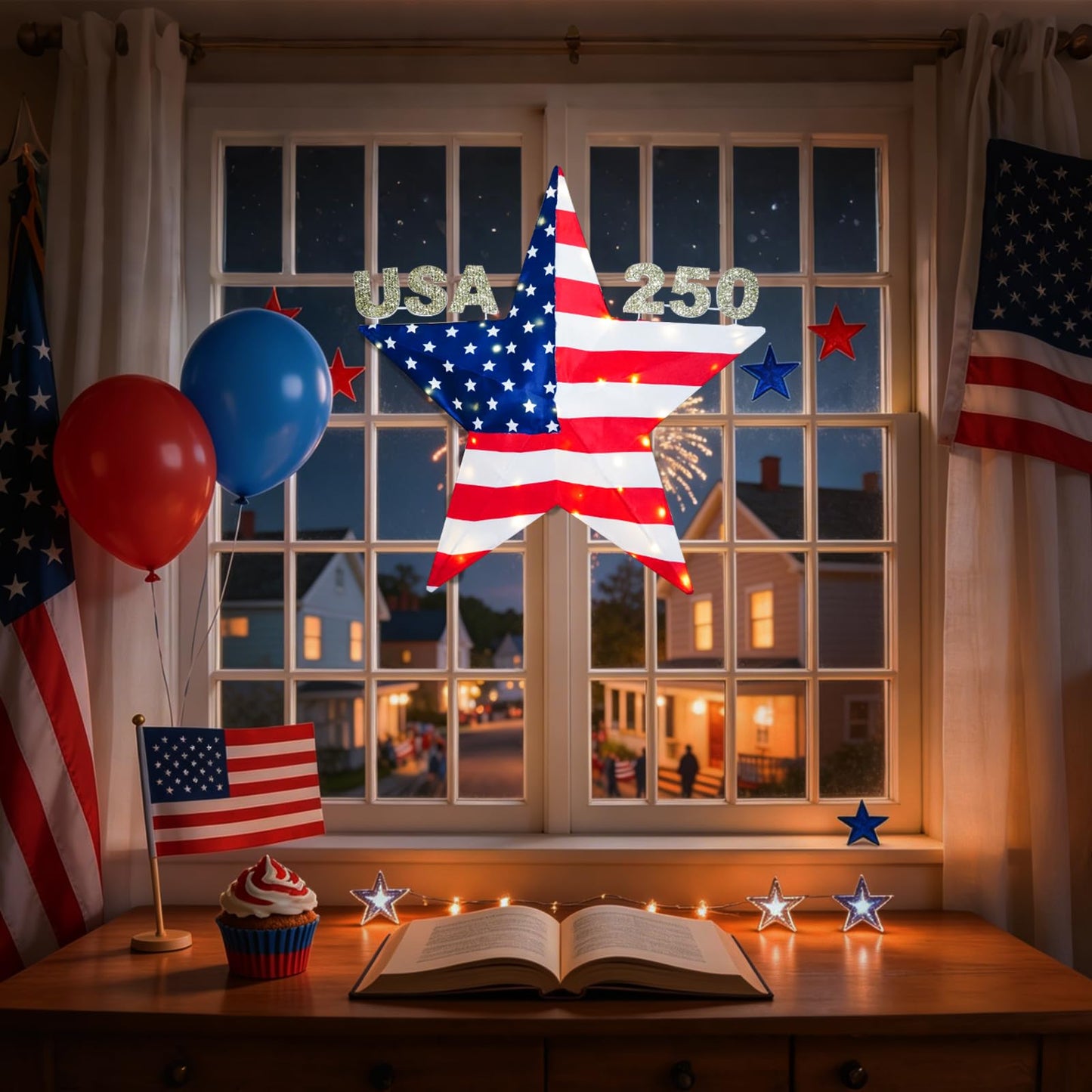 4th of July Decorations Light, USA 250 Lighted Patriotic Star with 38 Lights, American Flag Yard Decoration for Garden, Lawn, Porch, Red White and Blue Independence Day Decor