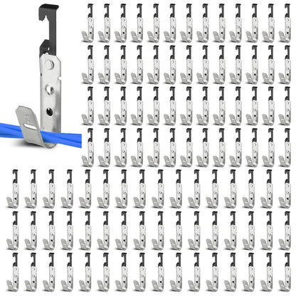 AOKLIT 100 Pcs Metal J Hooks Cable Support 3/4 Inch J Hook Hangers, Wall Mounted Galvanized Cable Support J-Hook for Hanging, J Hook with Bat Wing for Wire Management