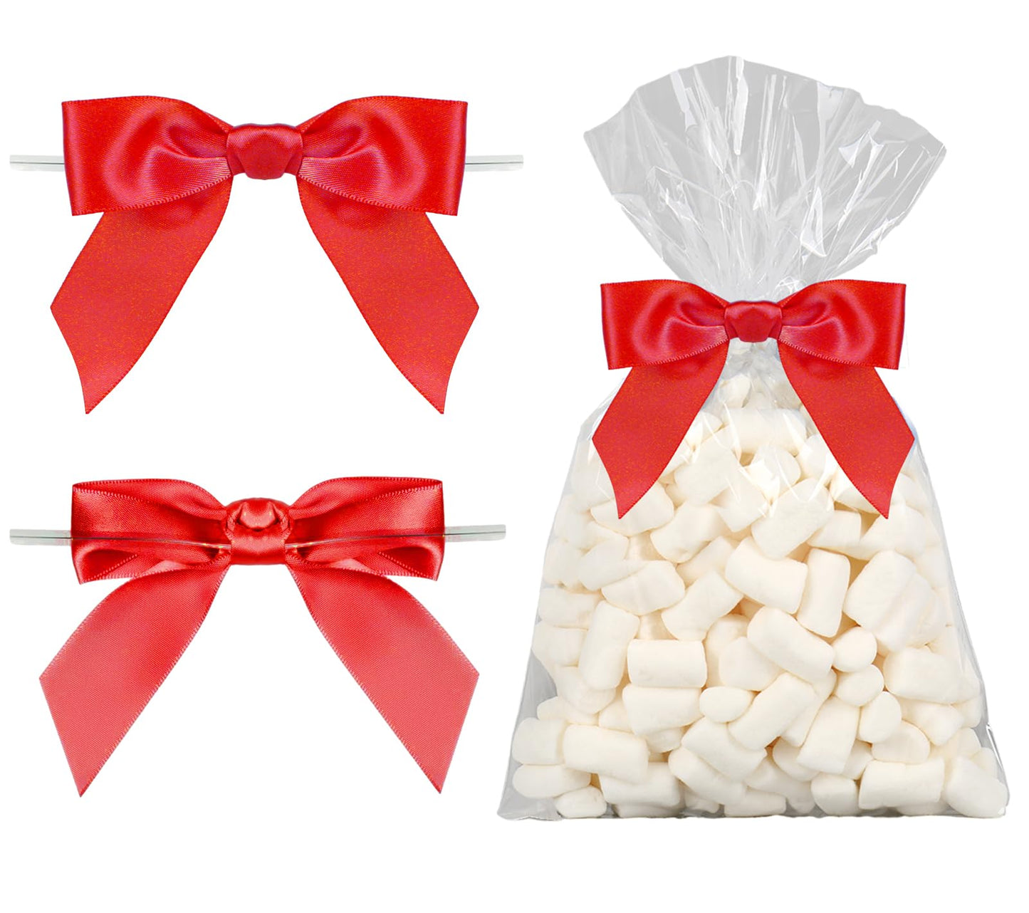 JarThenaAMCS 50Pcs Valentine's Day Clear Cellophane Bag with Red Bow Twist Tie Candy Treat Bags Plastic Goodie Bags for Christmas Xmas Home Party Sweet Snack Cookie Packing
