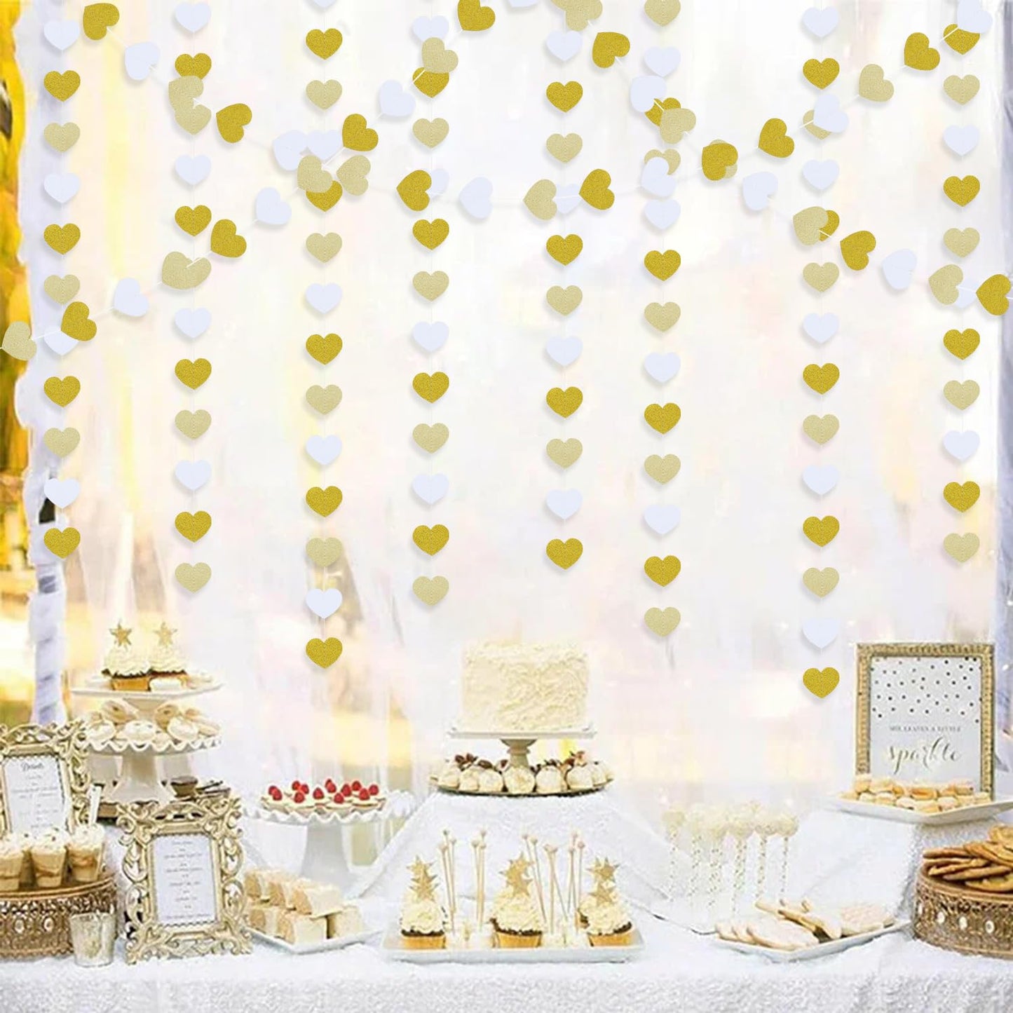 White Gold Champagne Party Decorations Garland-Hanging Christmas Paper Heart Streamer Banner,Birthday Neutral Baby Bridal Shower Engagement Wedding Bachelorette Anniversary 52FT Supplies Joylune