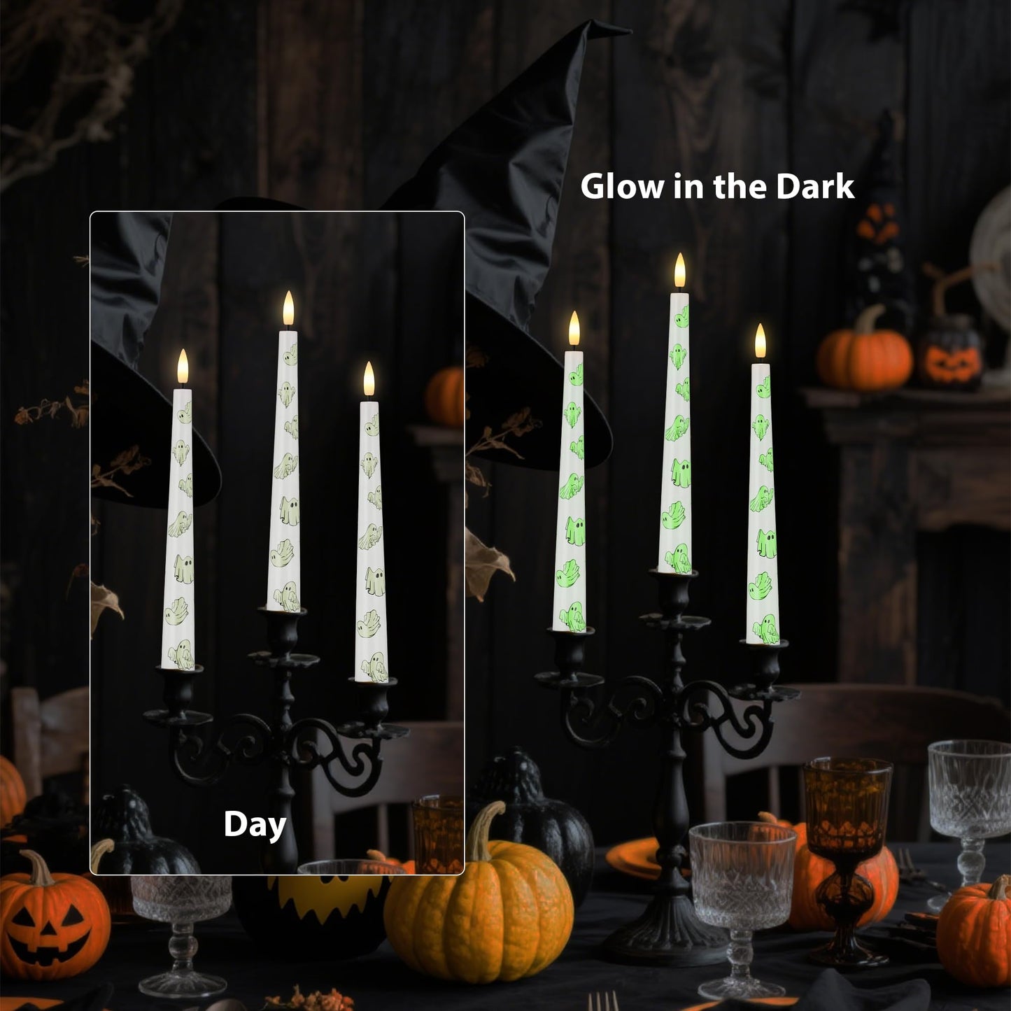 AFINETH Halloween Flameless Taper Candles with Ghosts Glow in The Dark, Real Wax Battery Operated Candles with Remote, 3 Pack Flickering Halloween Led Candlesticks for Party Home Decor