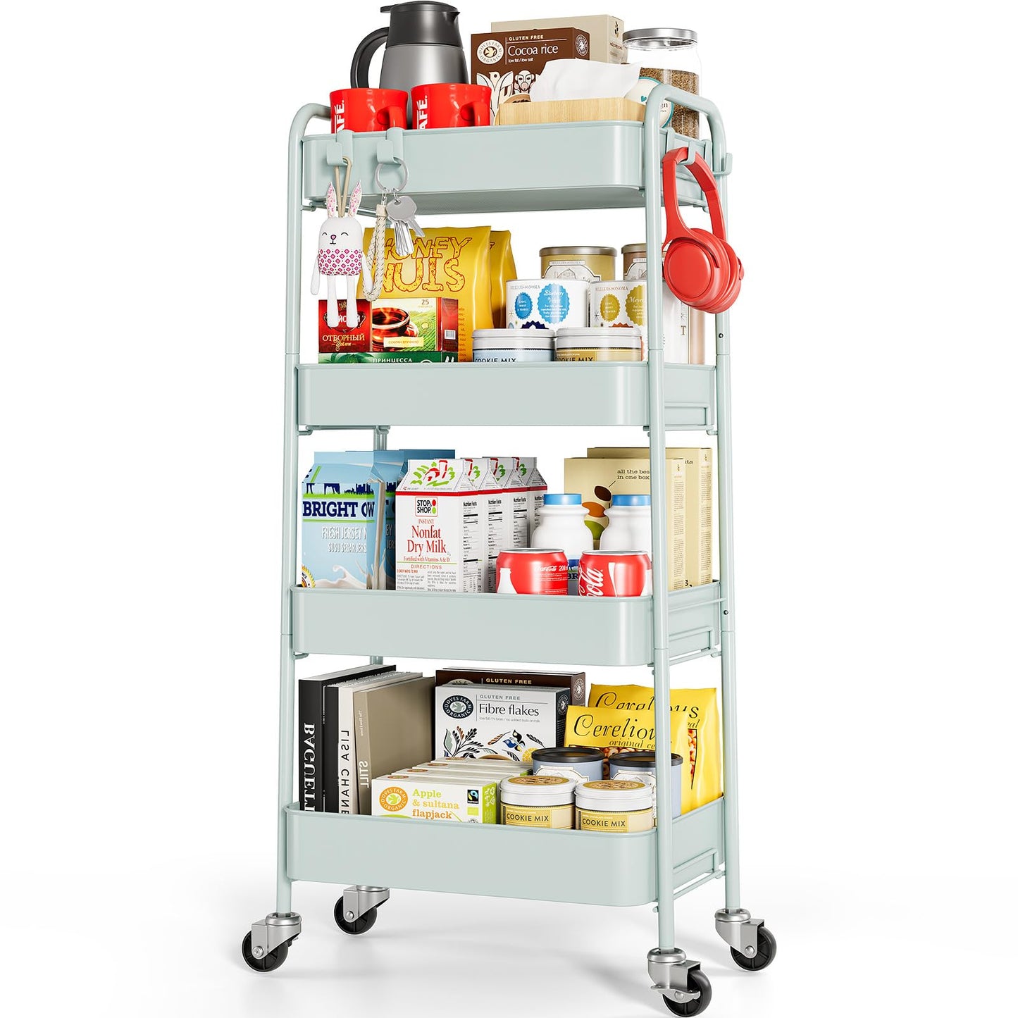 TOOLF 4-Tier Rolling Cart - Metal Storage Organizer with Lockable Wheels, 44 lbs Per Shelf Capacity, Tool-Free Assembly, for Kitchen Bathroom Office Laundry Room Nursery, Green