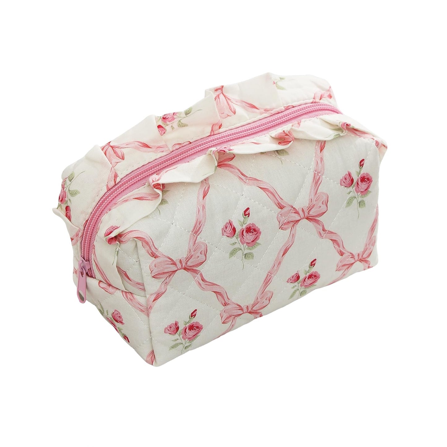 Cute Makeup Bag Travel Cosmetic Bag for Women,Small Floral Organizer Toiletry Bag Make Up Bags,Coquette Aesthetic Bowknot Toiletry Bag,Soft Cotton Cloth Travel Toiletry Bag (04 Pink Bow Flower)