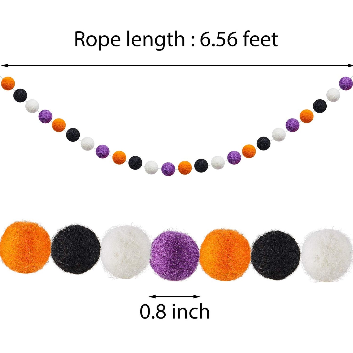 WILLBOND 2 Pieces Wool Felt Rainbow Ball Garland Colorful Pom Pom 6.5 ft Long 24 Ball Garland for Easter Mardi Gras Classroom Halloween Thanksgiving Xmas (Orange,White,Black,Purple)