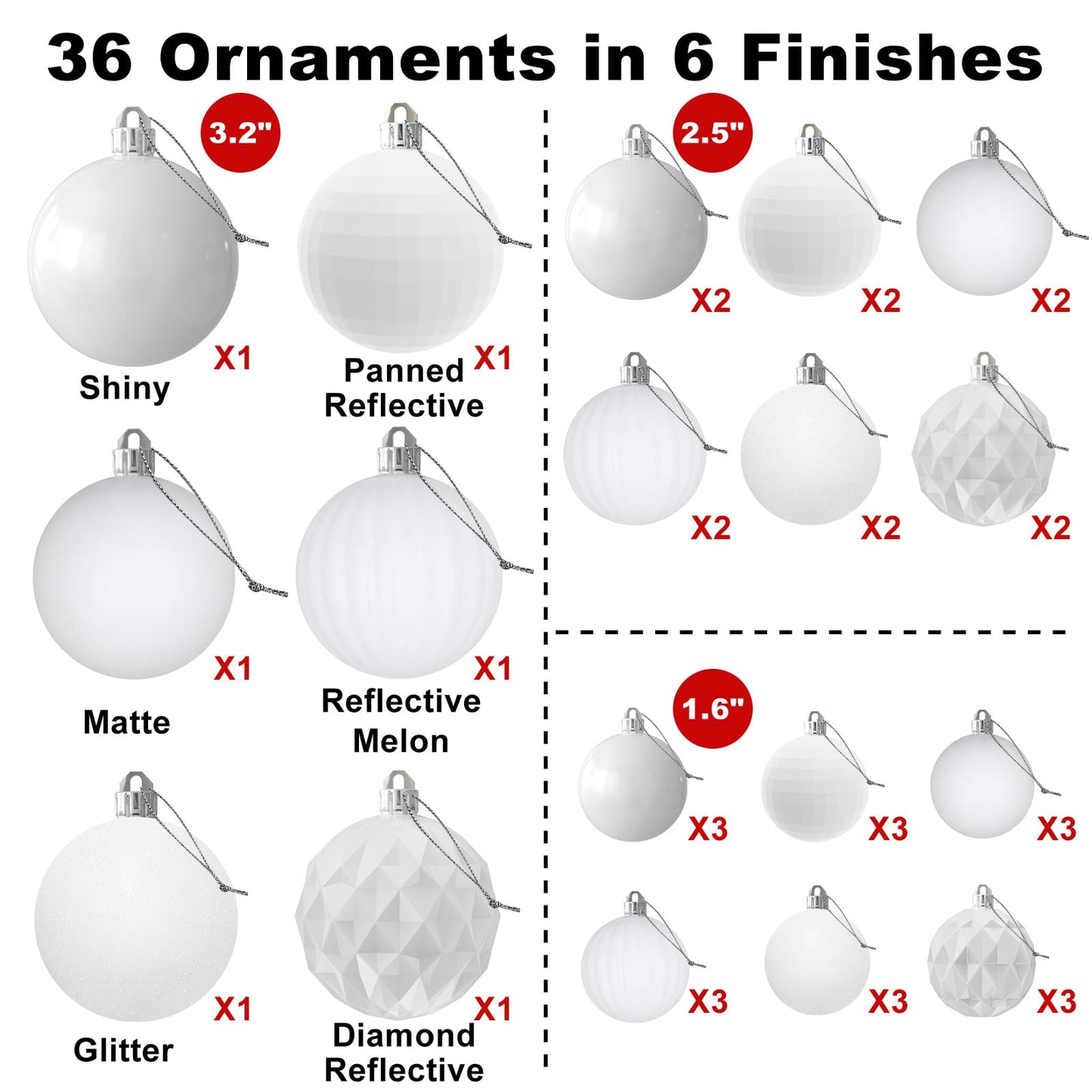 White Christmas Ornaments - Christmas Tree Decorations Shatterproof Hanging Balls for Birthday Wedding Holiday Decor Set of 36pcs, Multi-Sizes(1.6",2.5",3.2")