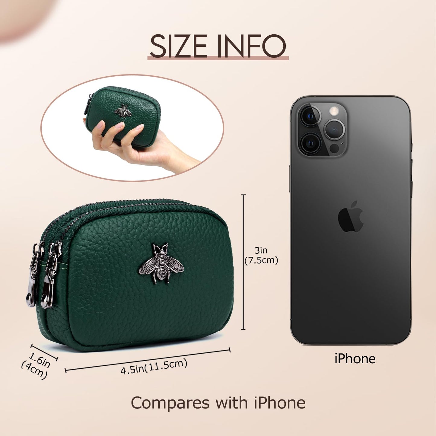 imeetu Women Leather Coin Purse, Small 2 Zippered Change Pouch Wallet(Green)