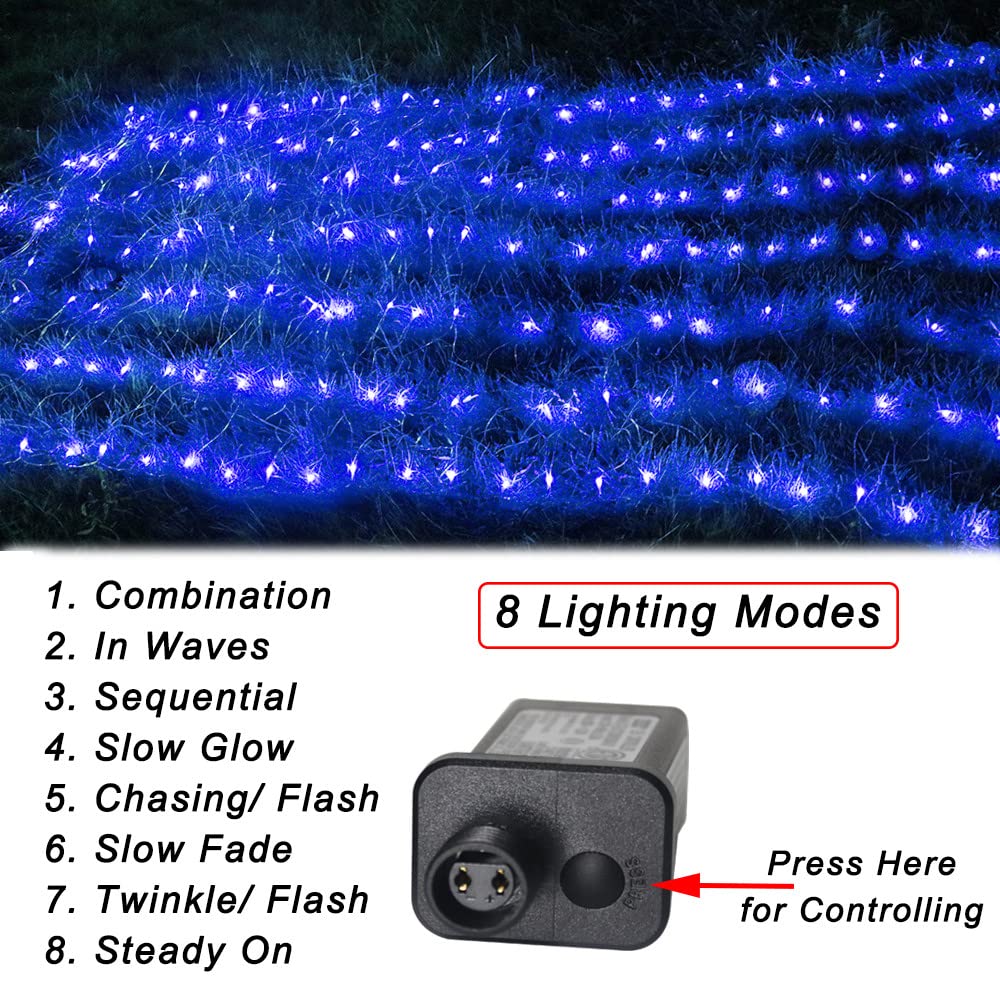 Pooqla Net Lights, 300LED Christmas Outdoor Mesh Light, 14.8x4.9 ft Fairy String Light with 8 Modes Green Wire, Connectable Waterproof for Bushes Tree Garden Christmas Decor, Blue