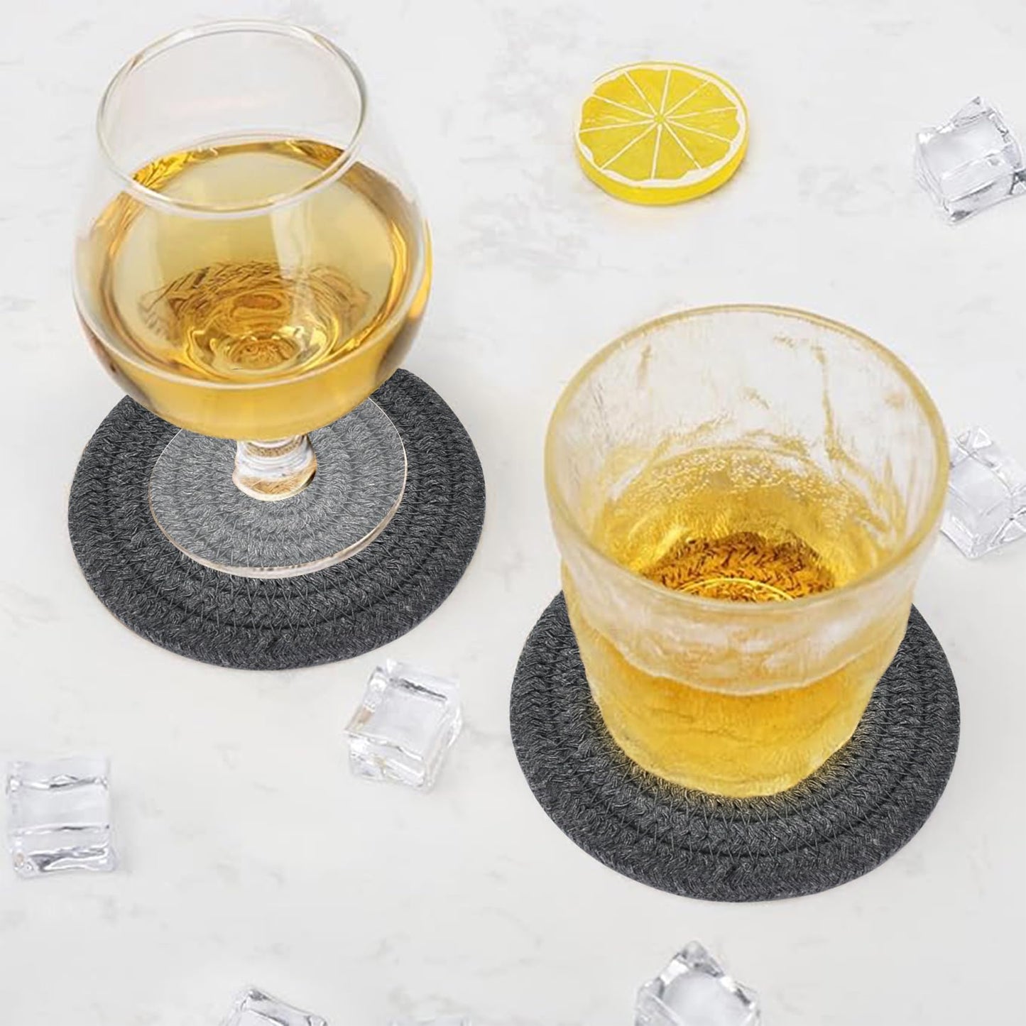 ABenkle 8 Pcs Drink Coasters with Holder, Cotton Woven Absorbent Coasters for Drinks, Minimalist Home Decor Coaster Set for Wooden Tabletop Protection Table, 4.3 inches Grey