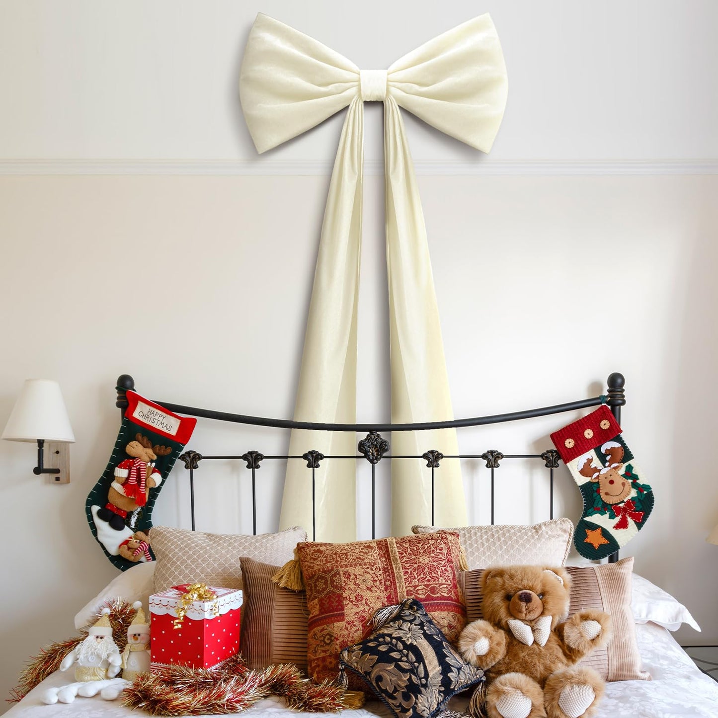 Knitgrip 20 x 71 Inches 1 Pack Christmas Extra Large Velvet Bows Christmas Tree Topper Bow Decor Giant Xmas Front Door Bows with Long Streamers for Home Wreath Wall Backdrop Party (Beige)