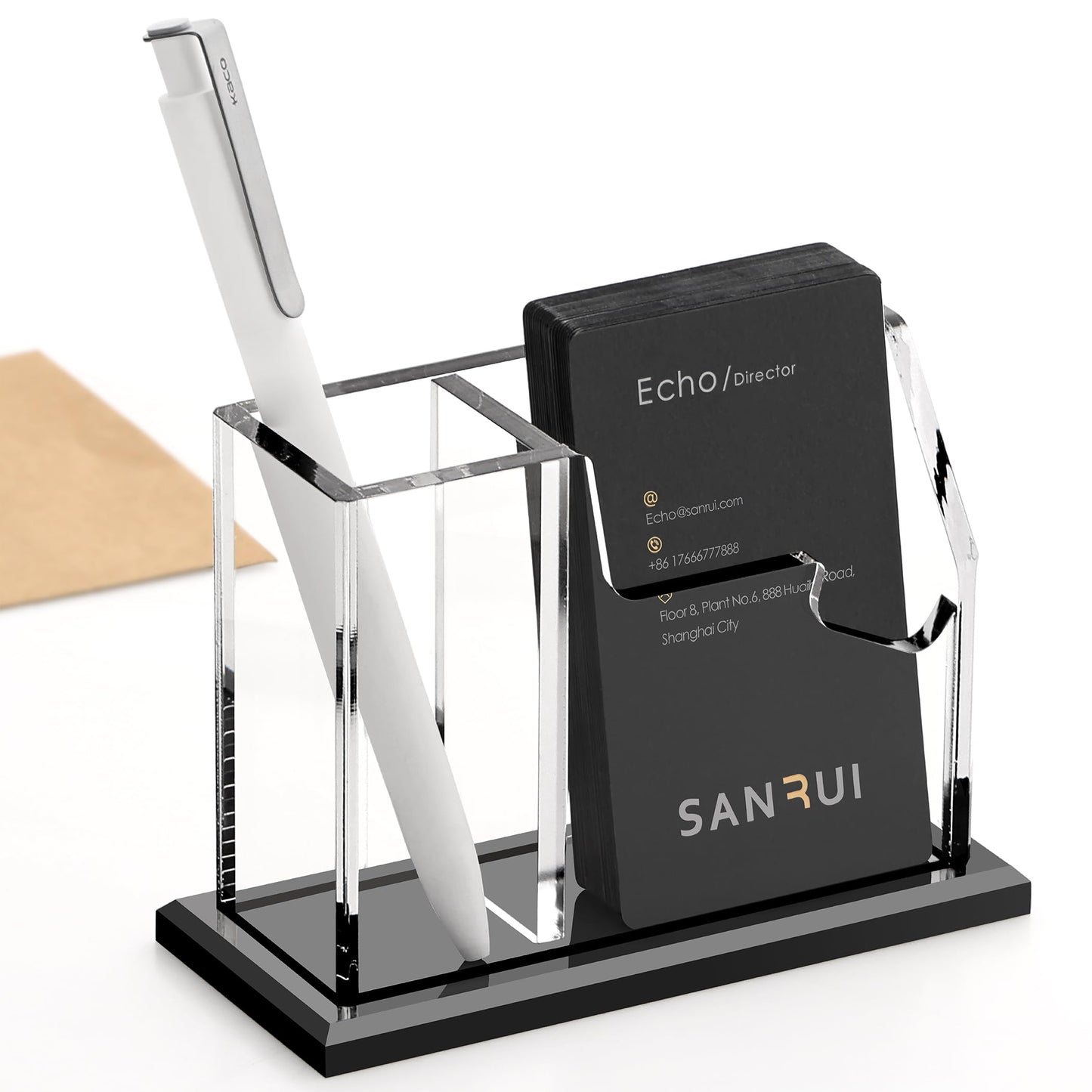 SANRUI Vertical Business Card Holder with Pen Holder for Desk, Clear Acrylic Desk Organizer and Accessories, Professional School Office Supplies Collection Caddy，Multi-function Storage Box