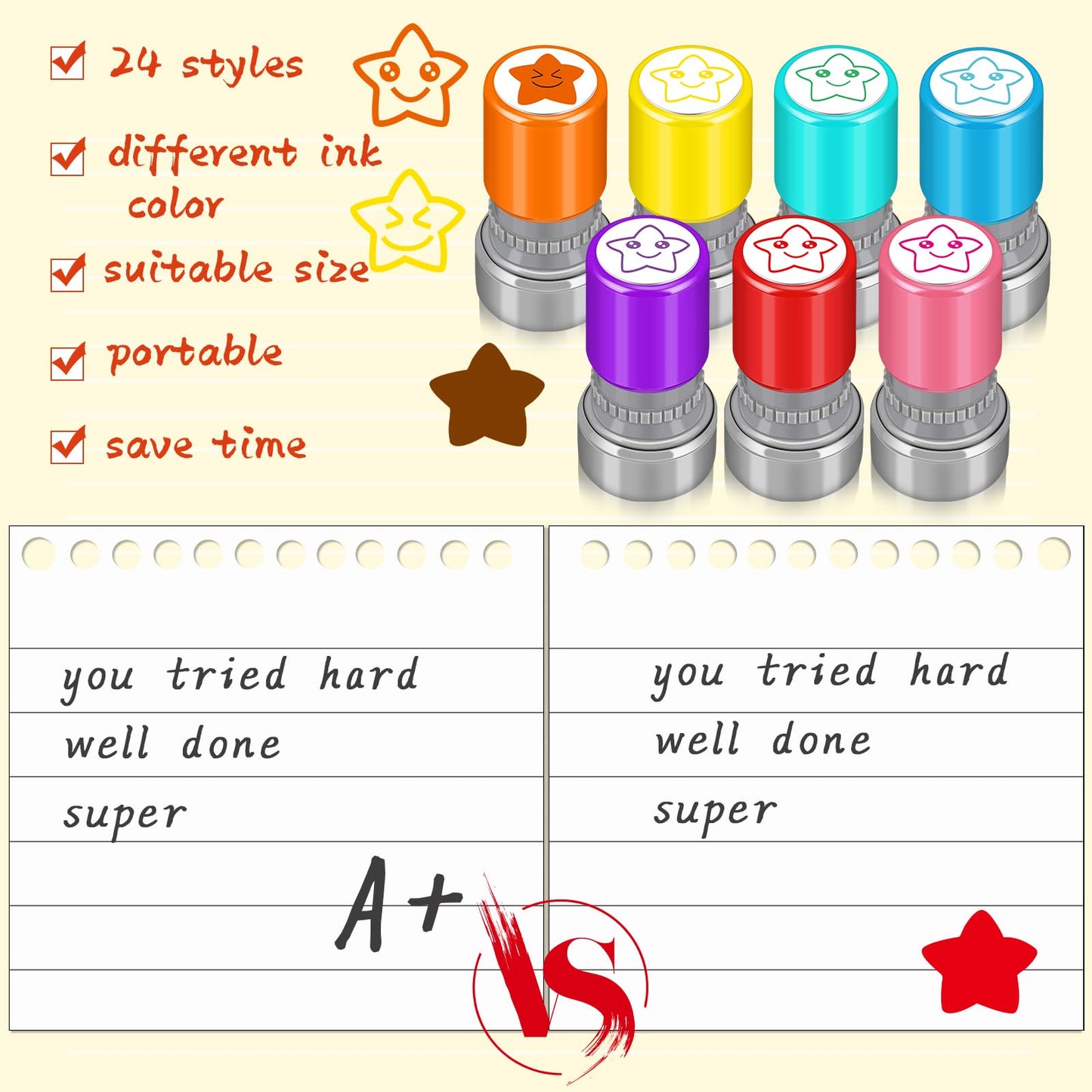 Yinder 24 Pcs Teacher Stamps for Classroom Self Inking School Classroom Stamps Gifts Bulk for Teachers Elementary Colorful Motivational Encouraging Supplies(Star)
