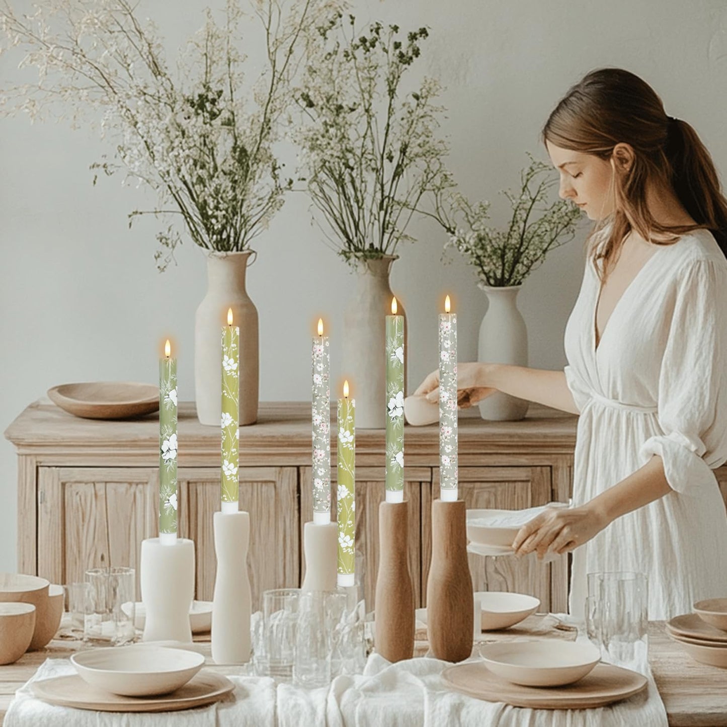 MAITREYA Green Flameless Taper Candles with 11-Key Remote Timer,LED Tall Candlesticks Battery Operated 3D Flickering Flame Lights for Christmas Decorations Home Table Centerpiece,10.6 Inch，6 Pcs