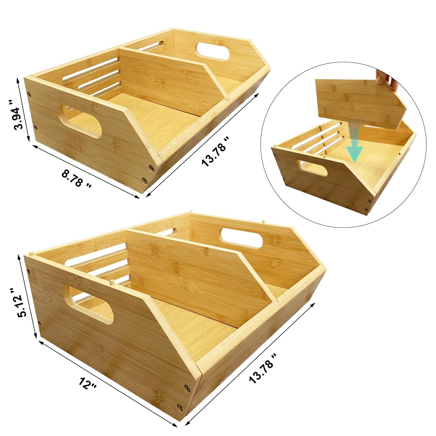 2-Pack Stackable Vegetable Storage Bins, Kitchen and Pantry Organizers and Storage Baskets, for Fruit, Vegetable, Produce, Bread, Potato Onion and Snacks, Bamboo Kitchen Storage Containers