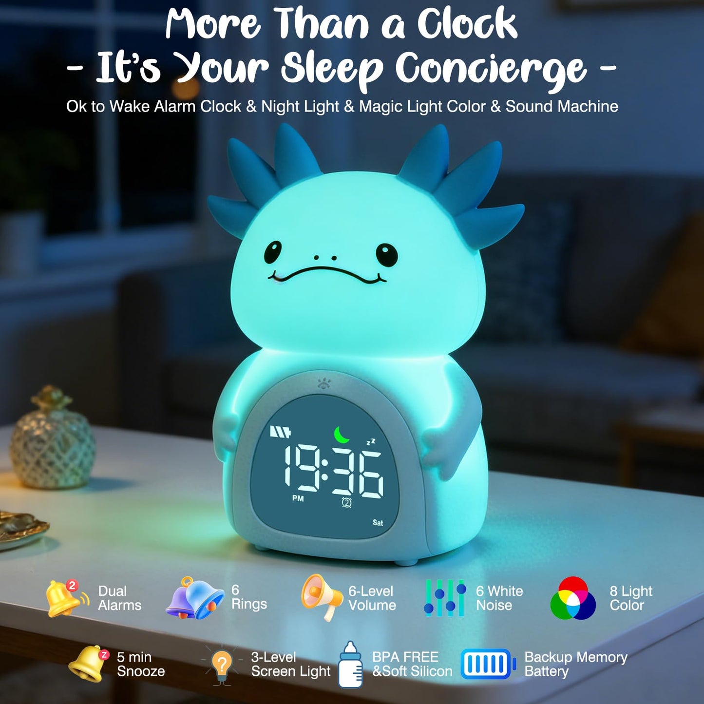 ollycasa Axolotl Alarm Clock for Kids, Rechargeable Ok to Wake Clock with Night Light - BPA-Free Silicone Sleep Training Clock, Cute Toddler Wake Up Clock for Boys Girls Bedroom