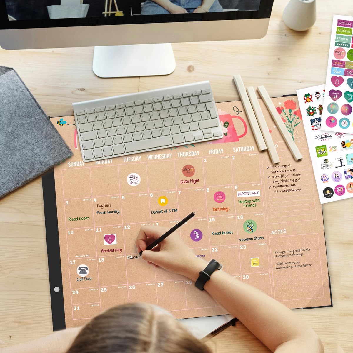 Desk Calendar 2026-2027, Large 22"x17", 18 Months from July 2026 to December 2027, Desktop Calendar with Plastic Cover and Colorful Stickers, Ideal for Home, Office, and School Planning, Doodle Kraft (July.2026-Dec.2027)