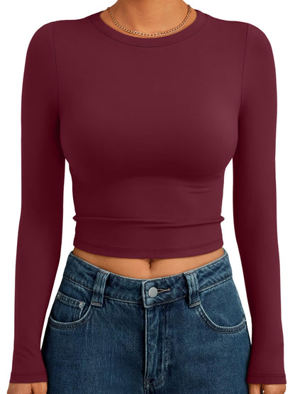 Trendy Queen Womens Long Sleeve Crop Tops Basic Slim Fitted Shirts Fashion 2025 Going Out Y2k Tops Teen Girl Clothes