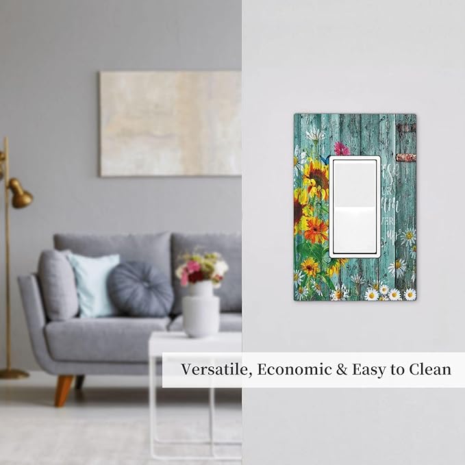 Turquoise Rustic Vintage Wood Planks Sunflower Butterfly Single Rocker/Decora Light Switch Plate Decorative 1 Gang Outlet Cover Faceplate GFCI Electrical Receptacle Wallplate Dimmer for Home Decor