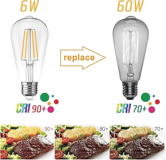LED Light Bulbs Edison dimmable Bulbs Warm White 2700K Light Bulbs,E26 Base Energy Saving Equivalent 60W Incandescent watt,Antique Glass Style for Home, Bedroom. (2700k Warm White, 6-Pack)