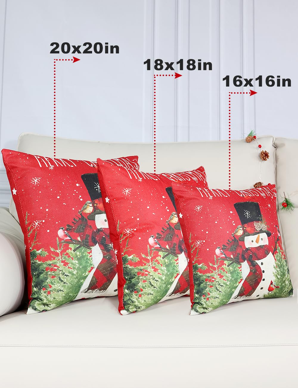 Double-Sided Print Christmas Pillow Covers 20''x20'', Set of 4, 8 Christmas Patterns Christmas Tree, Snowman, Snowflakes, Merry Christmas, Deer, Santa Claus,Truck, Let It Snow, Soft Linen Material