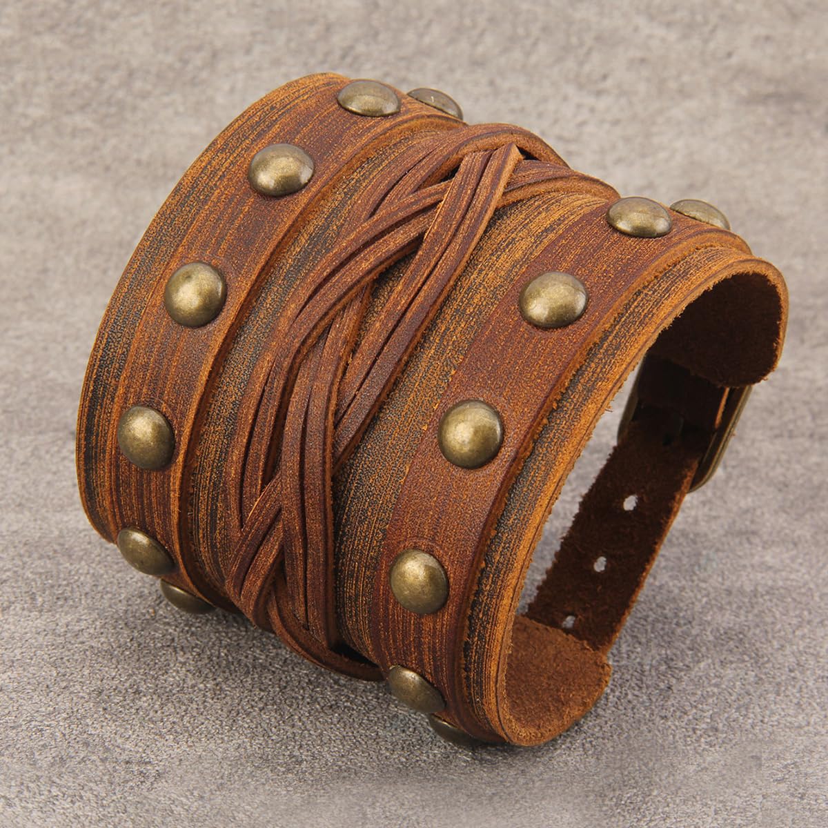 Jeilwiy Leather Cuff Bracelet for Men Multi Strap Leather Bracelet Mens Leather Wristband Brown Wrist Wrap Bracelet Wide Nordic Viking Bracelet