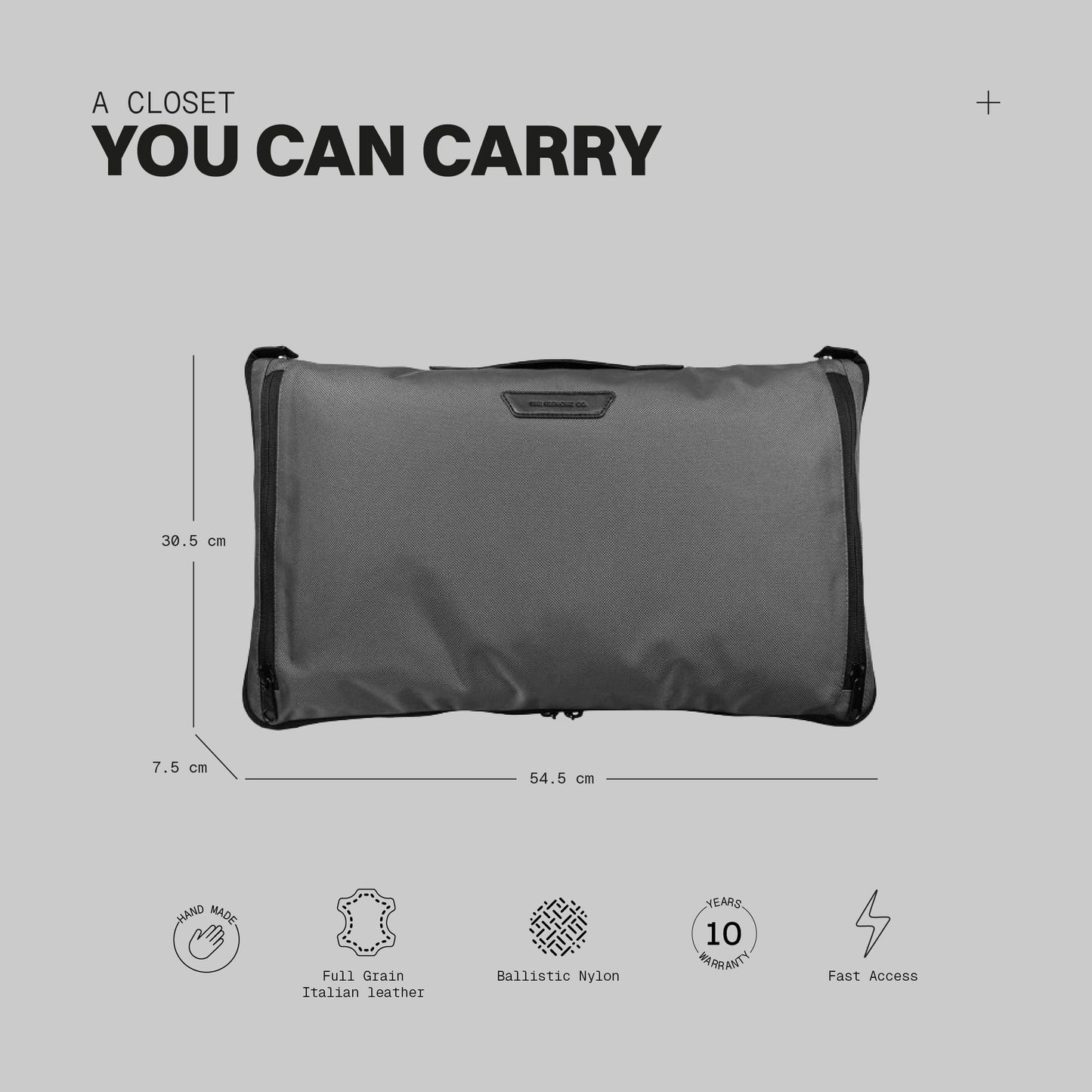The Frenchie Co. - Closet Bag - Gray - Garment Travel Bag with Shoulder and Backpack Straps - Fast, No-Fold Packing; Fits up to 10 hangers and a pair of shoes; Ballistic nylon & Italian leather