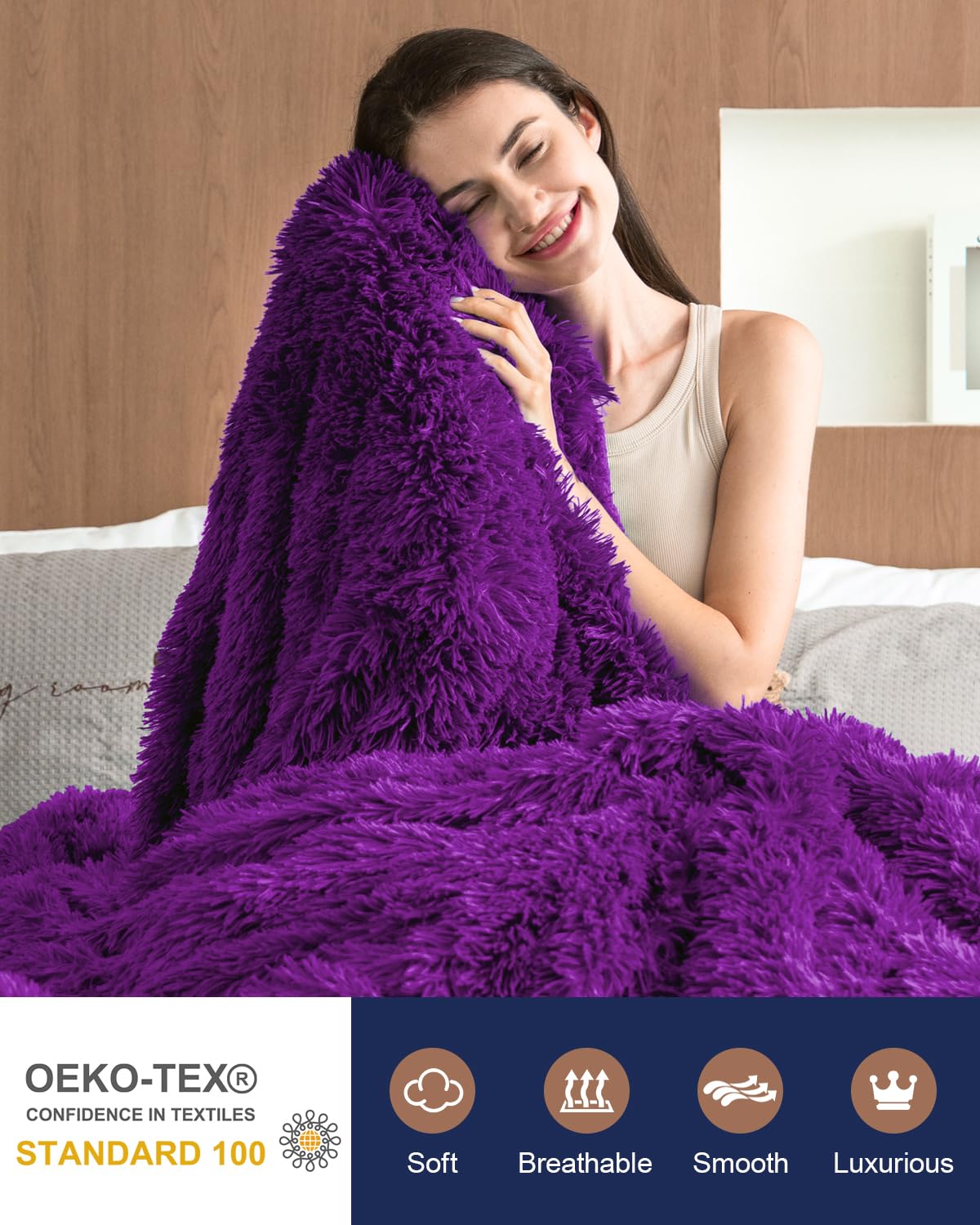 Pawque Faux Fur Blankets Twin Size 60x80 Inches, Soft Fuzzy Fluffy Blanket, Warm Thick Sherpa Long Hair Shag Reversible Lightweight Cozy Throw for Bedroom Sofa Couch, Purple