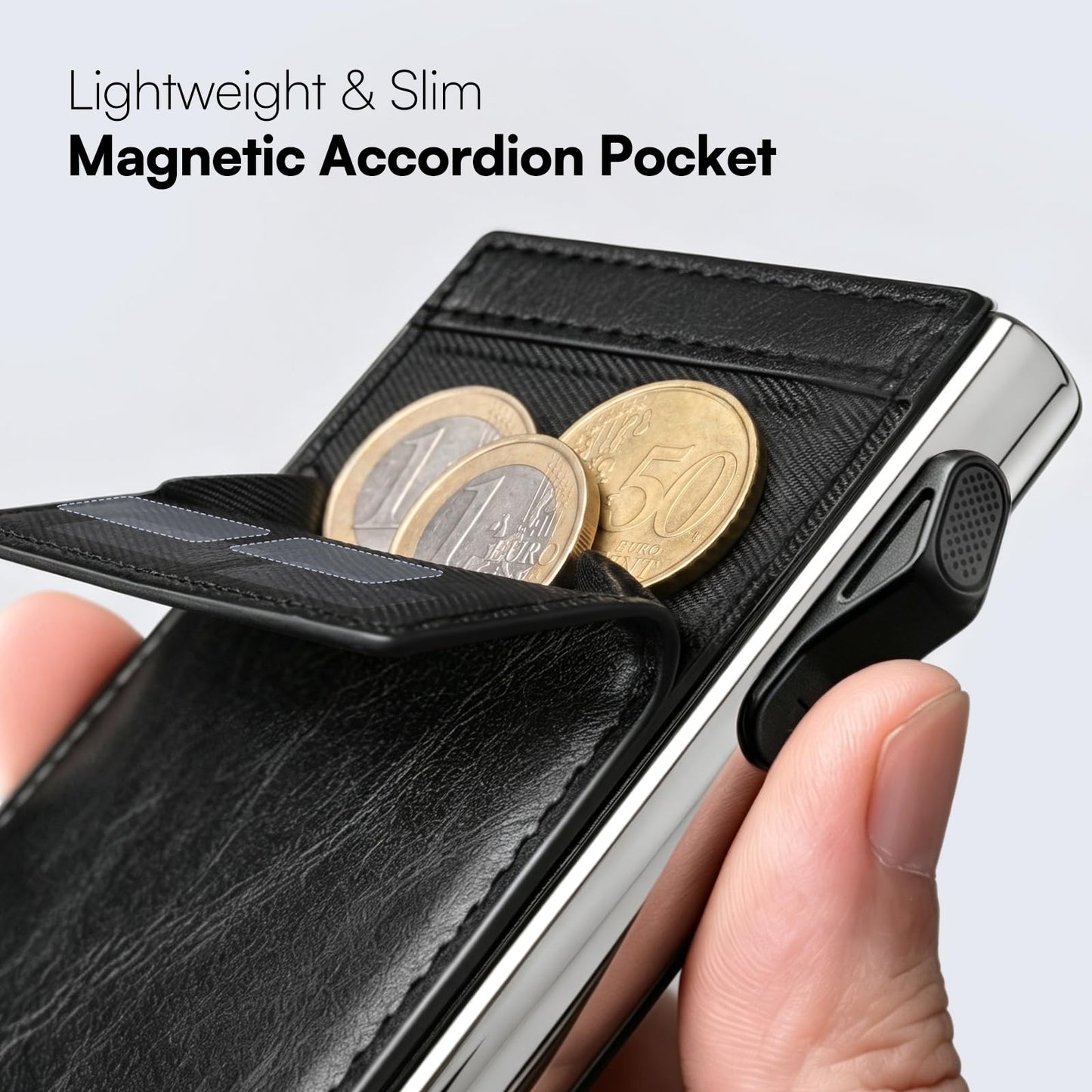 Bauhaus Slim Wallet for Men | RFID NFC Blocking Automatic Ejector | Pop-Up Card Holder Premium Leather Front Pocket Minimalist Mens Wallet Holds 7 Cards + ID + Cash | Gift for Men Black and Sliver