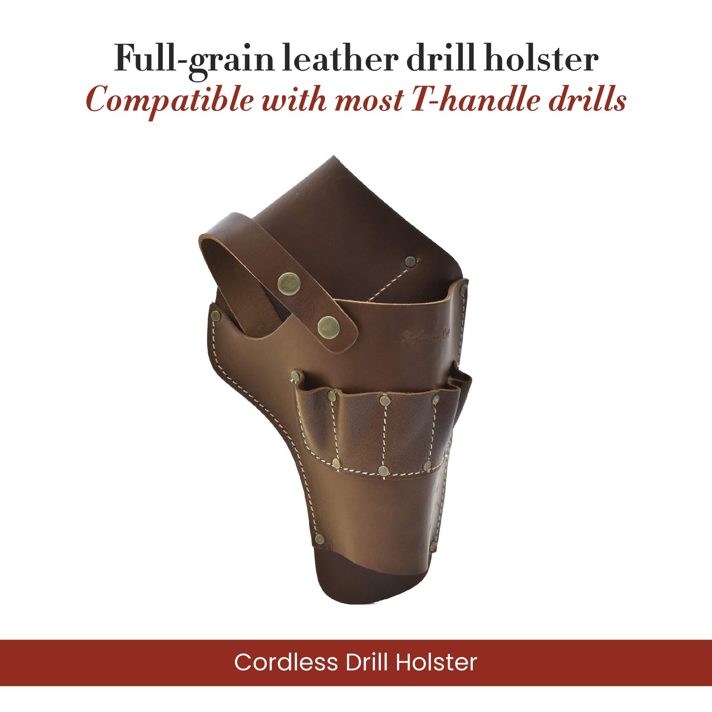 Style N Craft Cordless Drill Holster, Full-Grain Leather Drill Holder, Drill Holster with Full-Grain Leather Pockets for Drill Bits, Compatible with Most T-handle Drills, Dark Tan (98000)