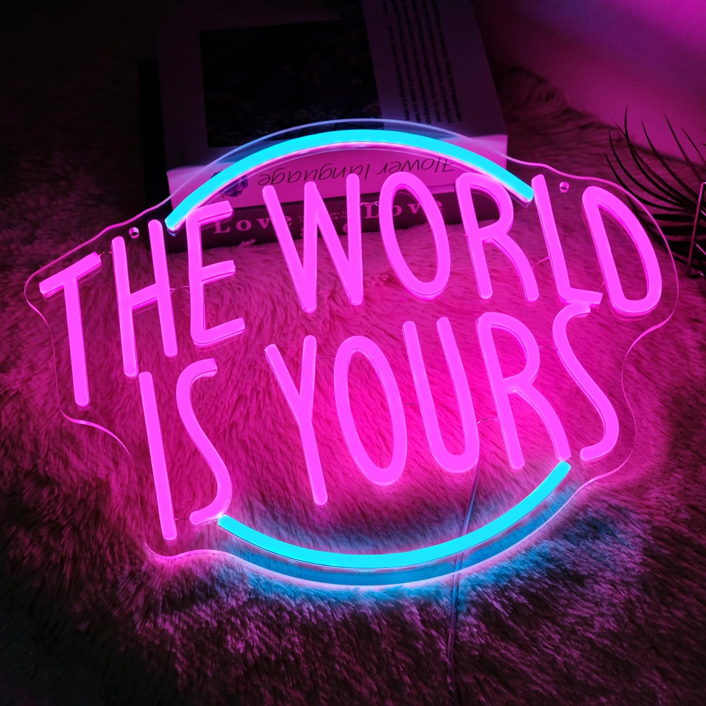 Runalosa The World is Yours Neon Sign for Room Decor Dimmable Blue Pink Girl Neon Light Sign Letters Led Signs for Wall Decor Bedroom Party Man Cave Bar Wedding Cafe Party Decor 15.7" x 12.4" Gift