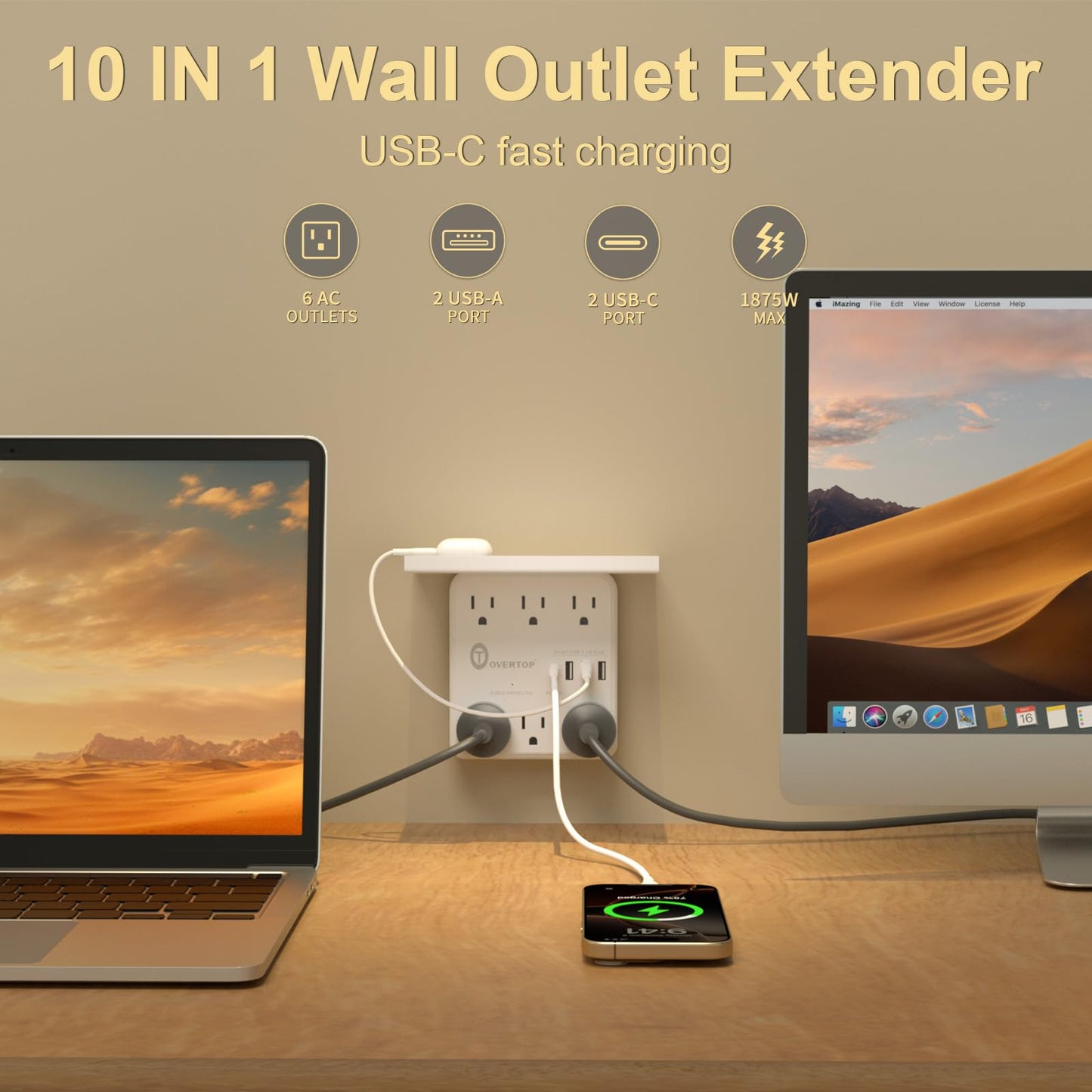 Overtop Power Charger with Shelf, Wall Outlet Extender Surge Protector with 6 AC Outlets, 4 USB Ports(1 USB C) Plug Expander Charger Shelf with Storage for Home, Dorm