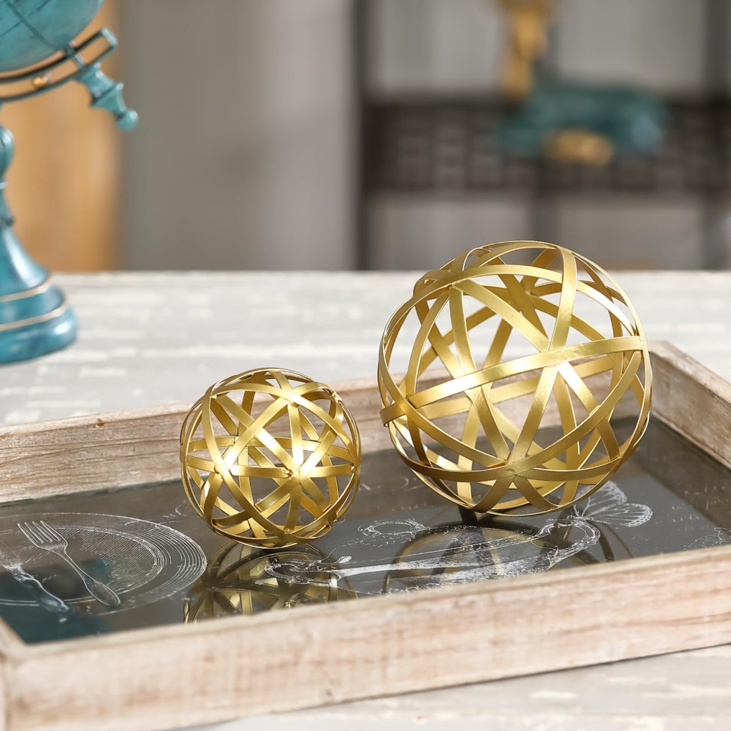 MOCOME Gold Decorative Sphere, Metal Coffee Table Decor Sculpture, Modern Home Decor Accent for Tabletop, Centerpiece, Shelf Display- Elegant Metal Sphere Decor with Luxury Golden Finish