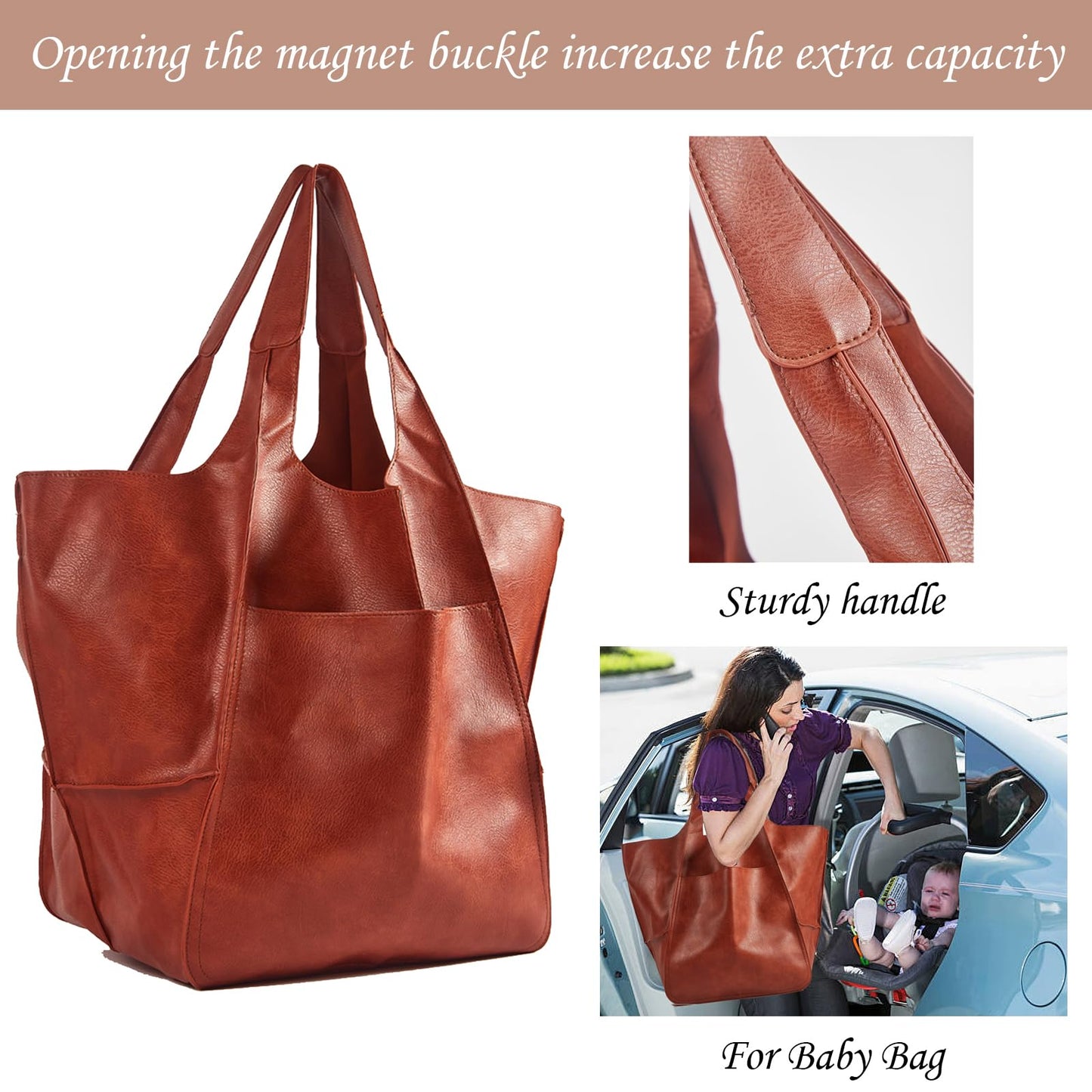 KlaOYer Oversized Leather Tote Bag Large Capacity Work Hobo Pu Leather Bucket Purse And Handbag Big Soft Travel Shopping Bag (Brown)