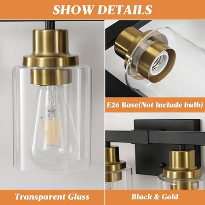 5-Light Black and Gold Bathroom Vanity Light, 30" Modern Vanity Lighting Fixture, Bathroom Light Fixtures, Wall Sconces with Clear Glass Shade, Black Bathroom Wall Light Over Mirror