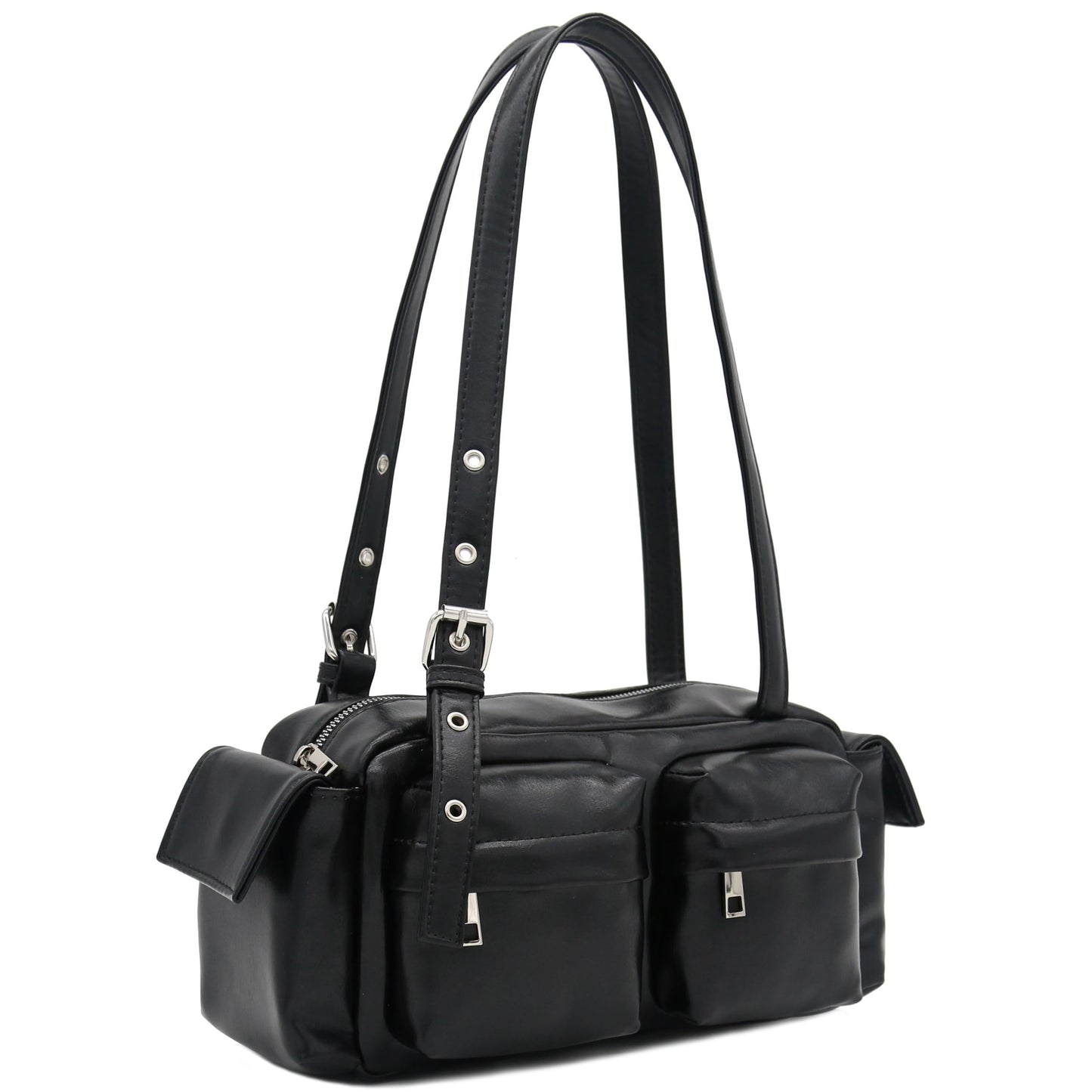 FashionPuzzle Glossy PU Leather Multi Pocket Shoulder Bag Satchel (Black)