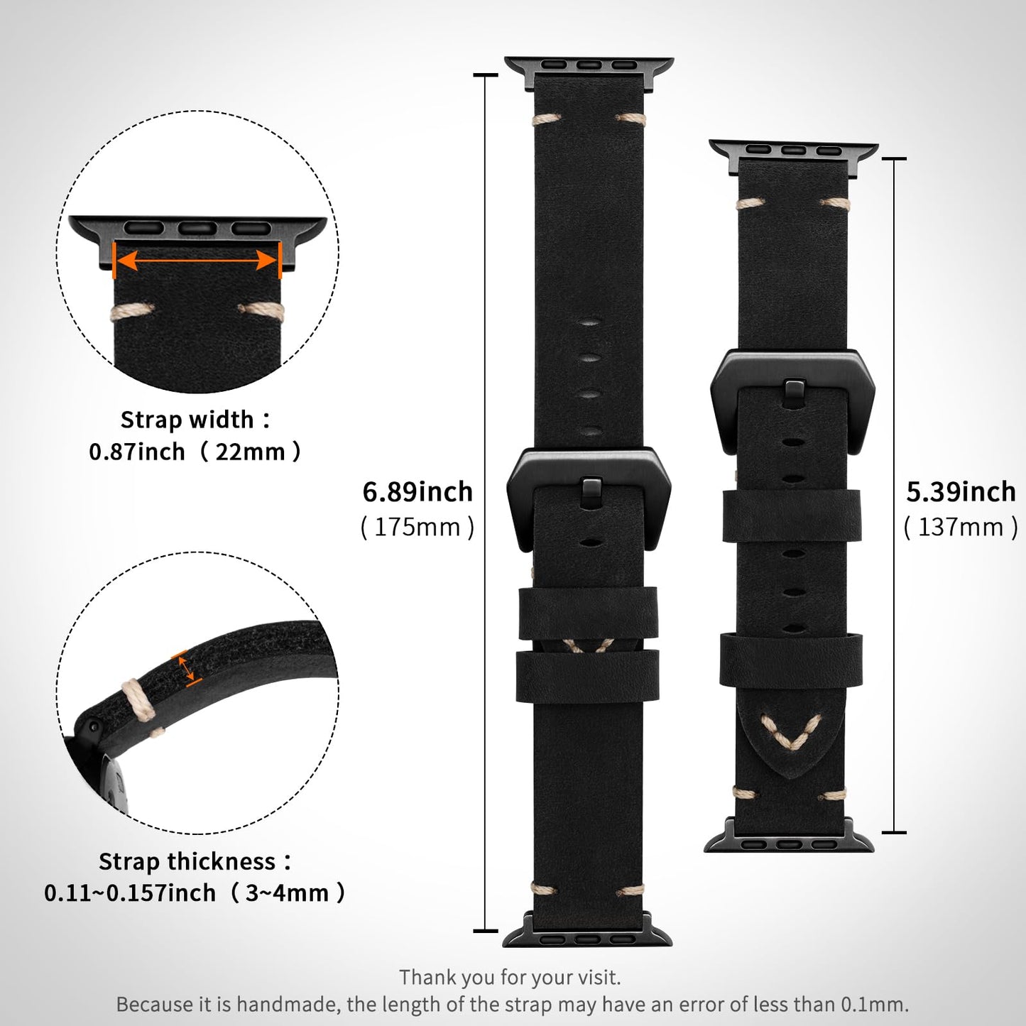 Handmade Double Sided Leather Bands Compatible with Apple Watch Ultra 2/Ultra Band 49mm 46mm 45mm 44mm 42mm ，Men Retro Design Grain Genuine Leather Band For iWatch Series SE 10 9 8 7 6 5 4 3 2 1